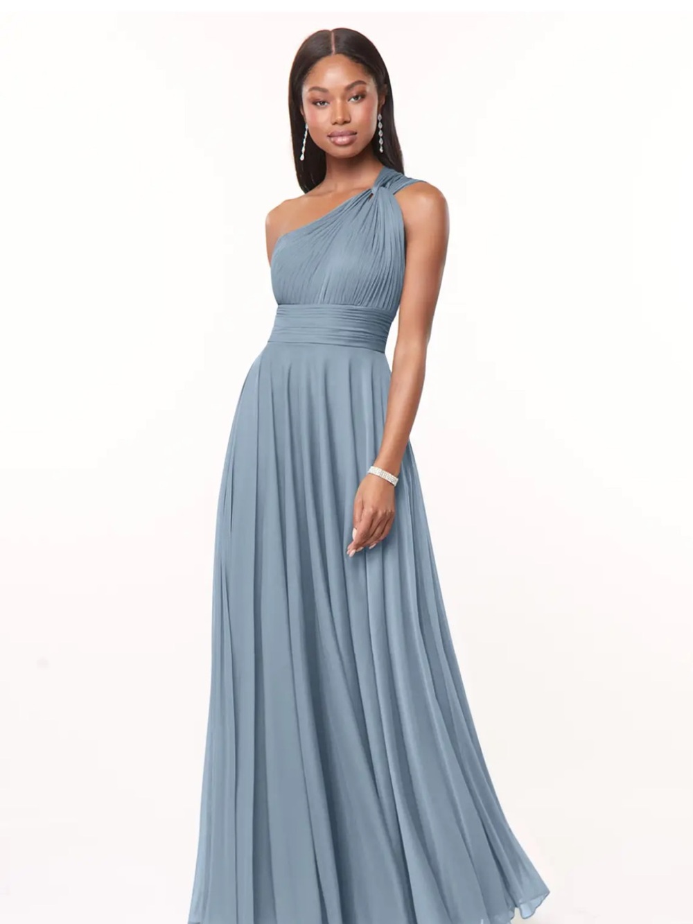 Azazie One-Shoulder Pleated Chiffon Maxi Dress in Slate Blue